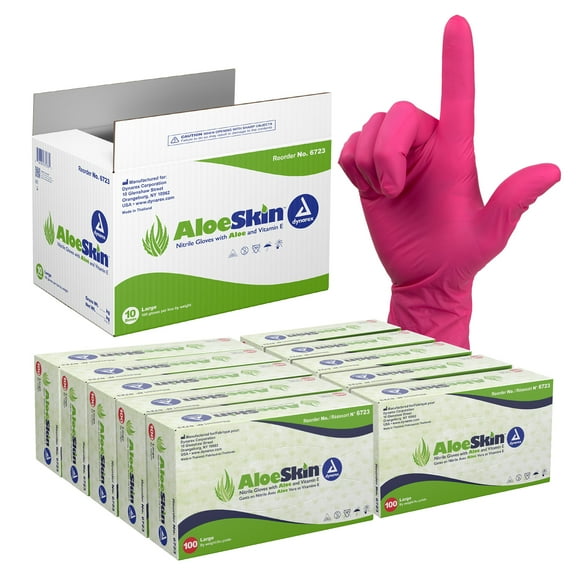 Dynarex AloeSkin Nitrile Exam Gloves with Aloe, Powder-Free, Disposable Gloves with Aloe Vera for Dry Hands, Color Magenta, Size Large, 1 Case of 1000 Gloves - 10 Boxes of 100 Gloves