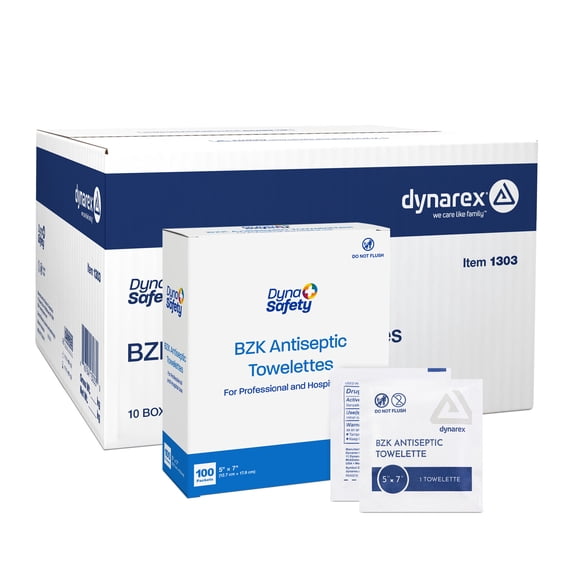 Dynarex DynaSafety BZK Antiseptic Towelettes - Sterile, Alcohol and Fragrance Free - 5" x 7" - Case of 10 Boxes, 100 per Box