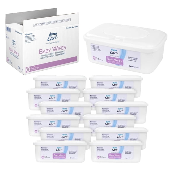Dynarex Alcohol-Free Aloe Baby Wipes, Extra Soft Wet Wipes, Unscented, 12 Tub Pack (960 Wipes)