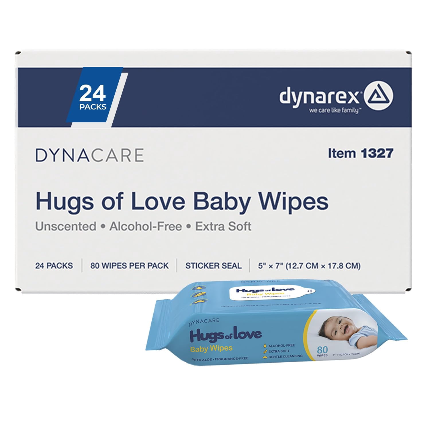 Dynarex Alcohol-Free Aloe Baby Wipes, Extra Soft Wet Wipes, Unscented, 24 Resealable Pack (1920 Wipes)