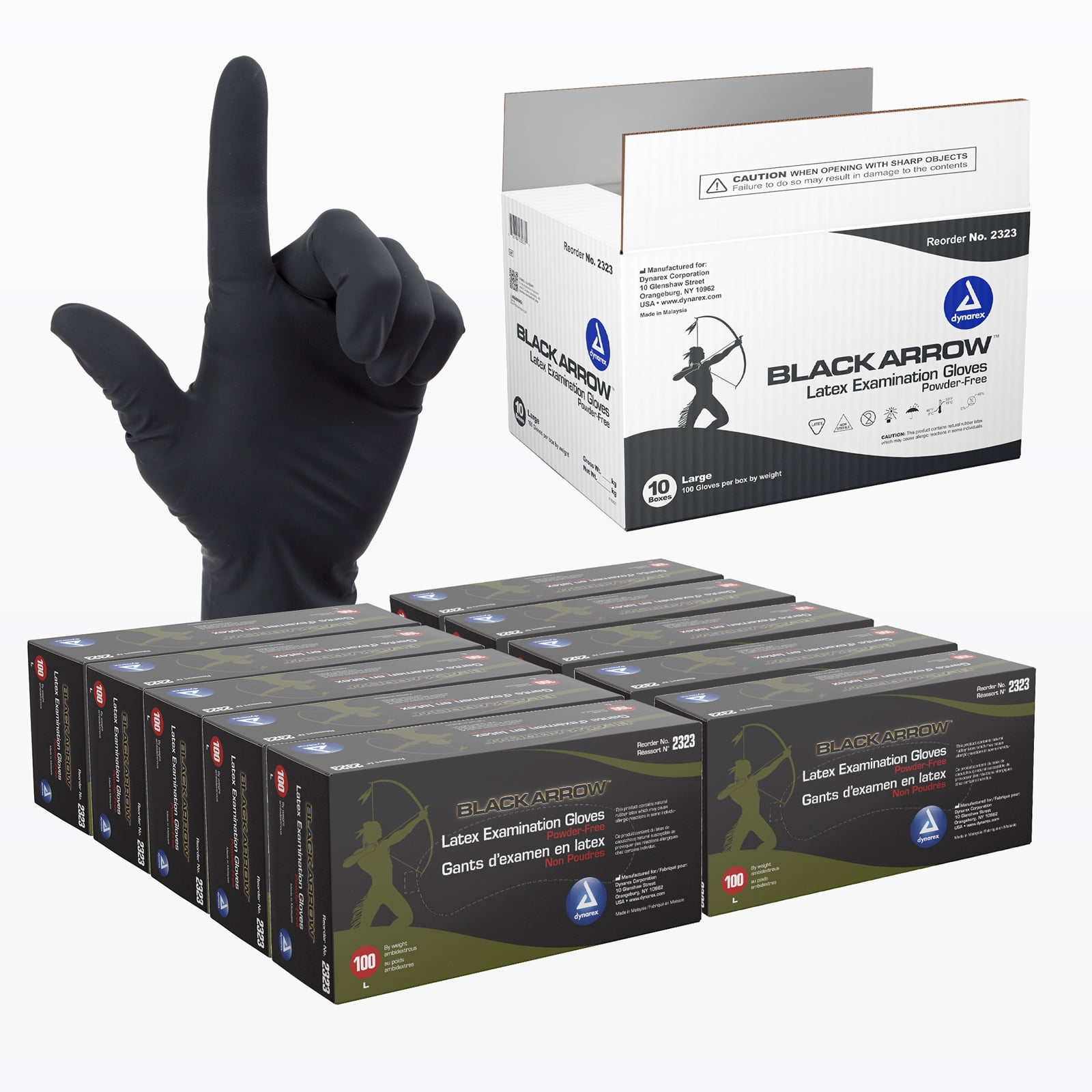 Dynarex Black Arrow Disposable Latex Exam Gloves, Powder-Free, For Healthcare, Law Enforcement, Tattoo, Salon or Spa, Black Gloves (1 Case of 1000 Gloves, Large Size)