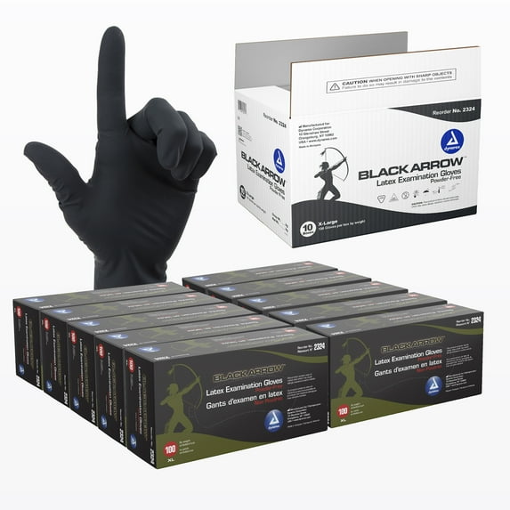 Dynarex Black Arrow Disposable Latex Exam Gloves, Powder-Free, For Healthcare, Law Enforcement, Tattoo, Salon or Spa, Black Gloves (1 Case of 1000 Gloves, X-Large Size)