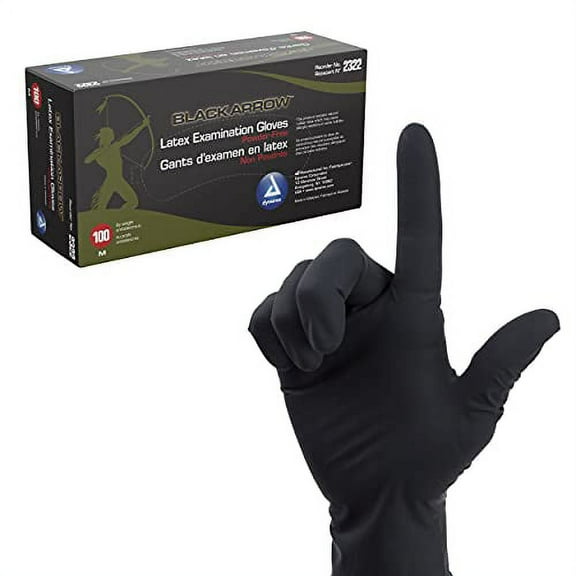 Dynarex Black Latex Exam Gloves, Powder-Free, Small, Box/100