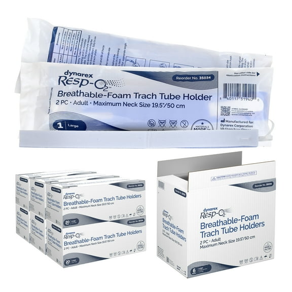 Dynarex Breathable Foam Trach Tube Holder - Adjustable Tracheostomy Tube Holder With Soft Outer Ties, Hook-and-Loop Closure - 2 Pieces - Large, Case of 120