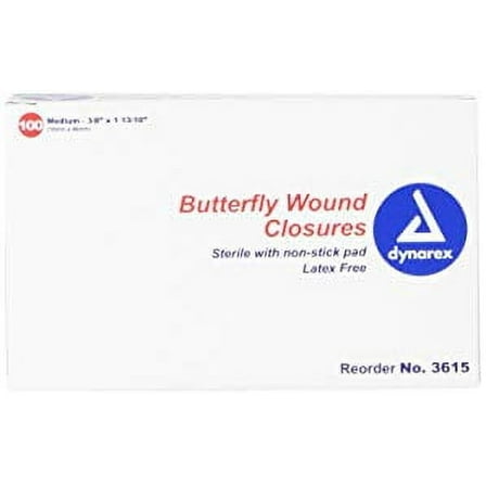 Dynarex Butterfly Wound Closures Waterproof Latex-Free Adhesive Bandages, 100 Count