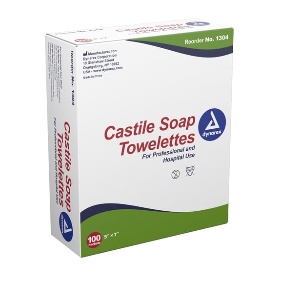 Dynarex Castile Soap Towelettes - Professional-Grade Wet Wipes Individually Wrapped for Hospital, School, Home - No Alcohol Gentle Formula with Coconut Oil-Based Soap, Size 5" x 7", 1000 Wipes Total