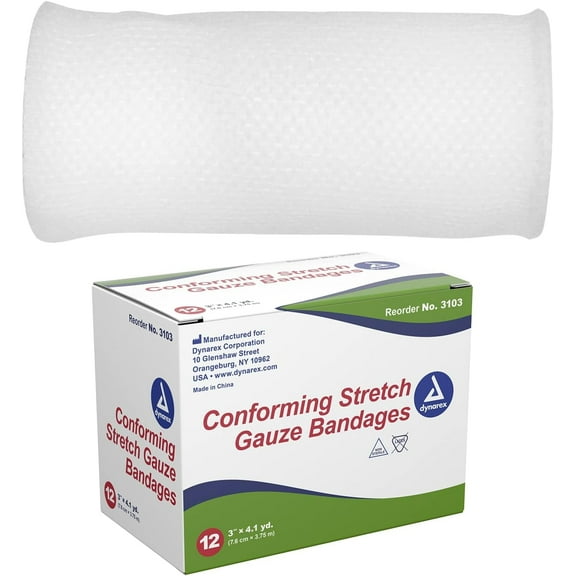 Dynarex Conforming Stretch First Aid Gauze Bandage, 4.1yd X 3in, 12 Count, 6 Pack