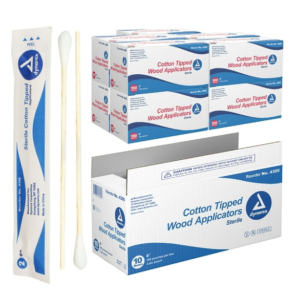 Dynarex Cotton Tipped Applicators 6" Sterile - 100/Box, 10 Bx/Case (1,000 Applicators)