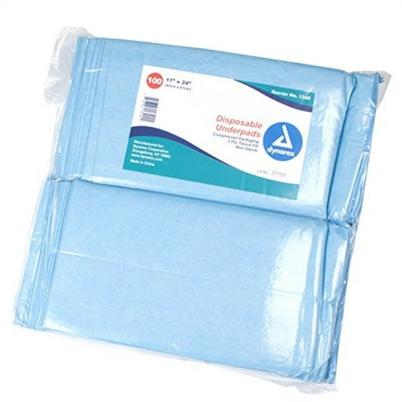 dynarex disposable underpads, 17x24, tissue fill - 3/100/cs