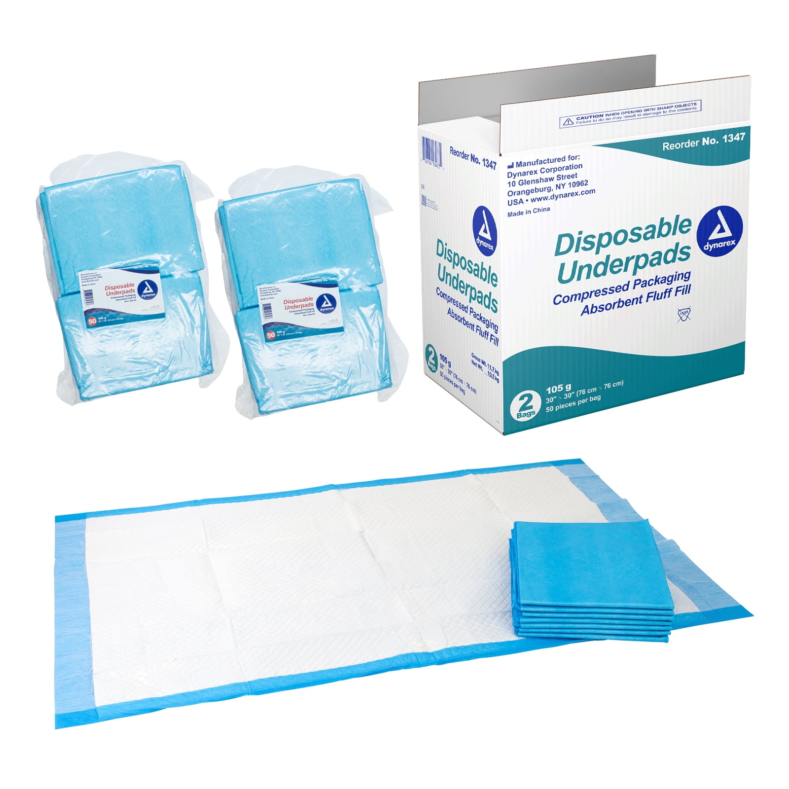 Dynarex Disposable Underpads, Medical-Grade Incontinence Bed Pads to Protect Furniture, 30”x30” (105g), with Polymer, 1 Case of 100 Pads (50 per Box), White