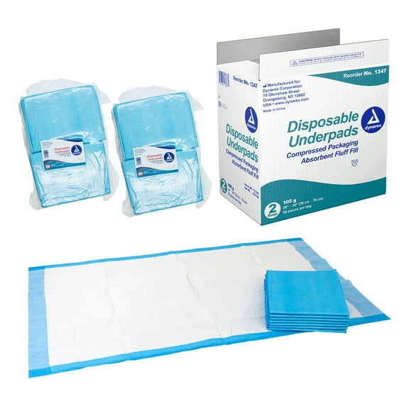Dynarex Disposable Underpads, Medical-Grade Incontinence Bed Pads to Protect Furniture, 30x30 (105g), with Polymer, 1 Case of 100 Pads (50 per Box), White