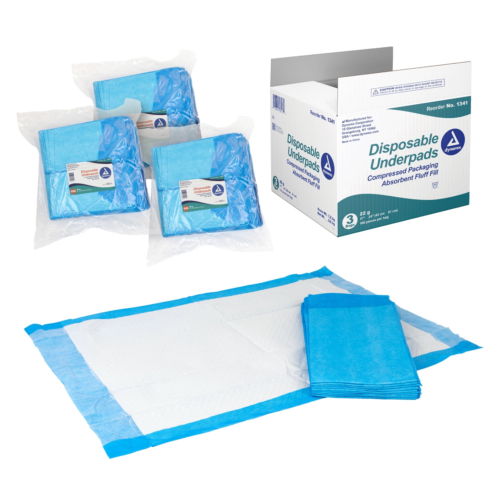 Dynarex Disposable Underpads, Medical-Grade Incontinence Bed Pads to Protect Sheets, Mattresses, and Furniture, 17” x 24” (22g), 1 Case of 300 (3 Boxes of 100)