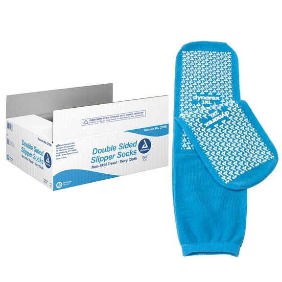 Dynarex Double Sided Non Skid Socks - Non Slip Hospital Socks with Grips, Unisex - Polyester-Spandex Blend Slipper Socks with Rubber Grips - Warm, Fuzzy - XXXL, 48 Pairs per Case