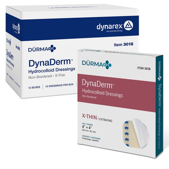 Dynarex DynaDerm Hydrocolloid Dressings, Sterile Moist Bandages , 4" x 4", X-Thin - 1 Case, 12 Boxes of 10 Per Box