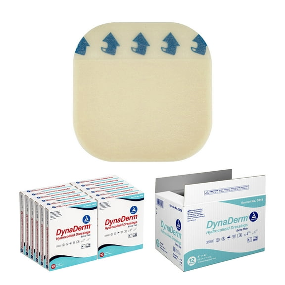 Dynarex DynaDerm Hydrocolloid Dressings, Sterile Moist Bandages Used for All Kinds of Wounds, 4" x 4", X-Thin & Latex-Free, Peel-Down Patches - 1 Case, 12 Boxes of 10 Dressings