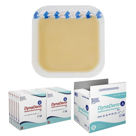 Dynarex DynaDerm Hydrocolloid Dressings, Sterile Moist Bandages Used for All Kinds of Wounds, 6" x 6", Thin & Latex-Free, Peel-Down Patches - 1 Case, 12 Boxes of 5 Dressings