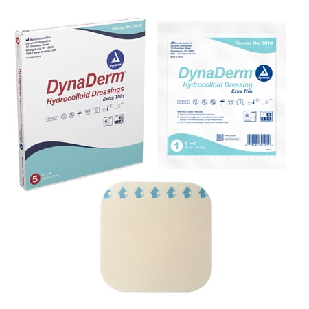 Dynarex DynaDerm Hydrocolloid Dressings, Sterile Moist Bandages Used for All Kinds of Wounds, 6" x 6", X-Thin & Latex-Free, Peel-Down Patches - 1 Box of 5 Dressings