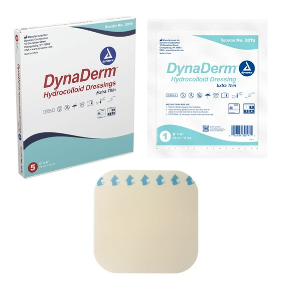 Dynarex DynaDerm Hydrocolloid Dressings, Sterile Moist Bandages Used for All Kinds of Wounds, 6" x 6", X-Thin & Latex-Free, Peel-Down Patches - 1 Box of 5 Dressings