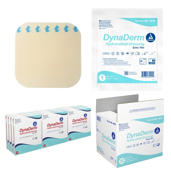 Dynarex DynaDerm Hydrocolloid Dressings, Sterile Moist Bandages Used for All Kinds of Wounds, 6" x 6", X-Thin & Latex-Free, Peel-Down Patches - 1 Case, 12 Boxes of 5 Dressings
