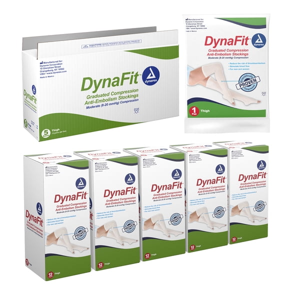 Dynarex DynaFit Compression Stockings Thigh High, 820 mmHg, Help Prevent Blood Clots, Relieve Pain & Varicose Veins, White, Large, 1 Case of 60 (5 Boxes of 12)