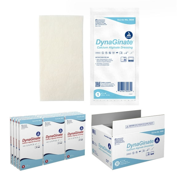 Dynarex DynaGinate Calcium Alginate Wound Dressing - Sterile, Non-Stick Topical Wound Pads - Absorbent Gel Patches For Moderate To High Exuding Cuts - 4" x 8", 12 Boxes of 5
