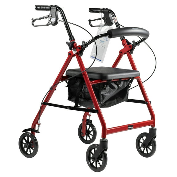Dynarex DynaGo Quad Rollator, 6" Wheels, Padded Seat, Backrest, Storage Pouch with an Aluminum Durable Frame, 300 Lb. Weight Capacity, 1 Rollator, Red