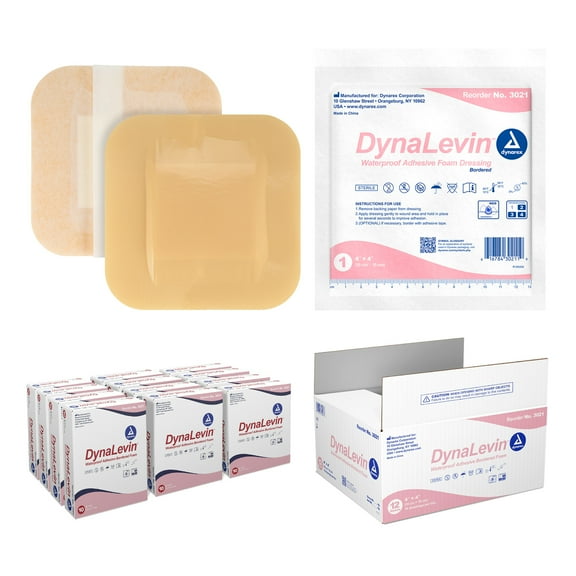 Dynarex DynaLevin Waterproof Adhesive Bordered Foam Dressings - Zero Latex, Sterile, Medium-Absorbency - 4 x 4", 10 Bandages per Box, 12 Boxes per Case