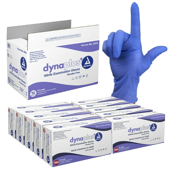 Dynarex DynaPlus Disposable Nitrile Exam Gloves, Powder-Free, Latex-Free, Strength + Value, Blue, Extra-Large, 1 Case - 10 Boxes of 180 DynaPlus Nitrile Exam Gloves