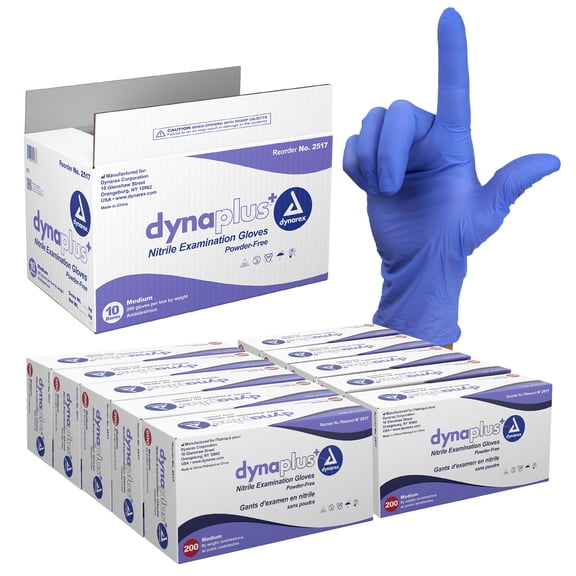 Dynarex DynaPlus Disposable Nitrile Exam Gloves, Powder-Free, Latex-Free, Strength + Value, Used by Professionals, Blue, Medium, 1 Case - 10 Boxes of 200 DynaPlus Disposable Nitrile Exam Gloves