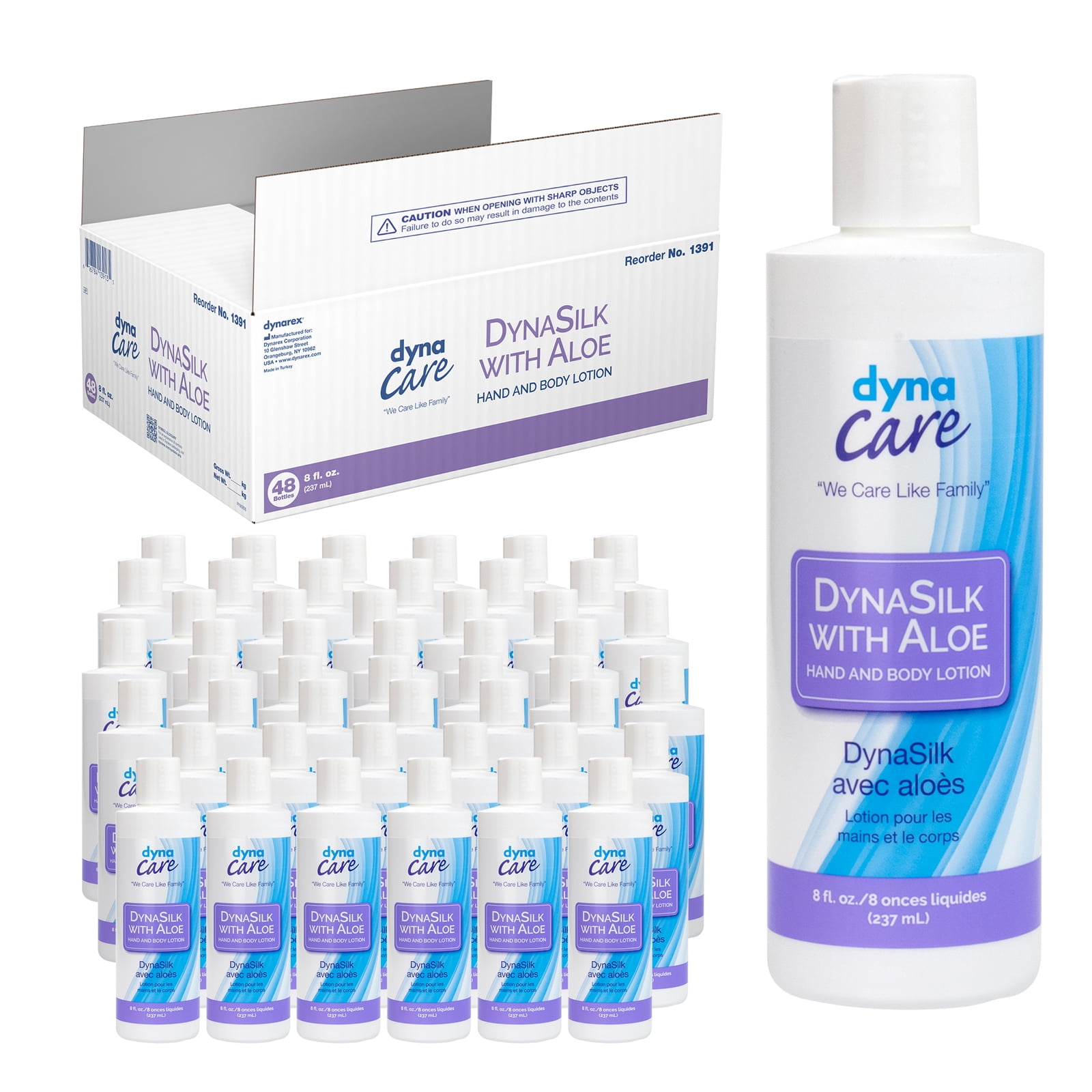 Dynarex DynaSilk with Aloe - Moisturizing Hand & Body Lotion for Dry Skin, Cracking - Non-Greasy Formula with Refreshing Scent - Suitable For All Skin Types - 8 oz., 48 Bottles per Case