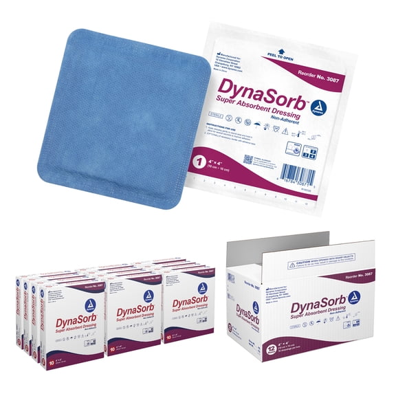 Dynarex DynaSorb Super Absorbent Dressings, Sterile Wound Care, Soft & Absorbent, Multi-Layered, One-Piece, Waterproof, Non-Adhering, 4 x 4, 1 Case of 120 Super Absorbent Dressings
