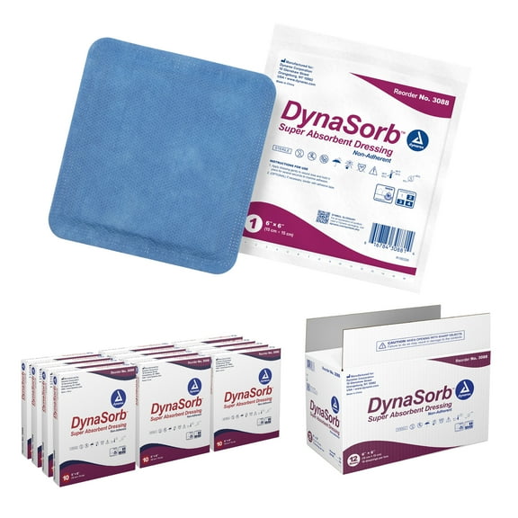 Dynarex DynaSorb Super Absorbent Dressings, Sterile Wound Care, Soft & Absorbent, Multi-Layered, One-Piece, Waterproof, Non-Adhering, 6 x 6, 1 Case of 120 Dressings