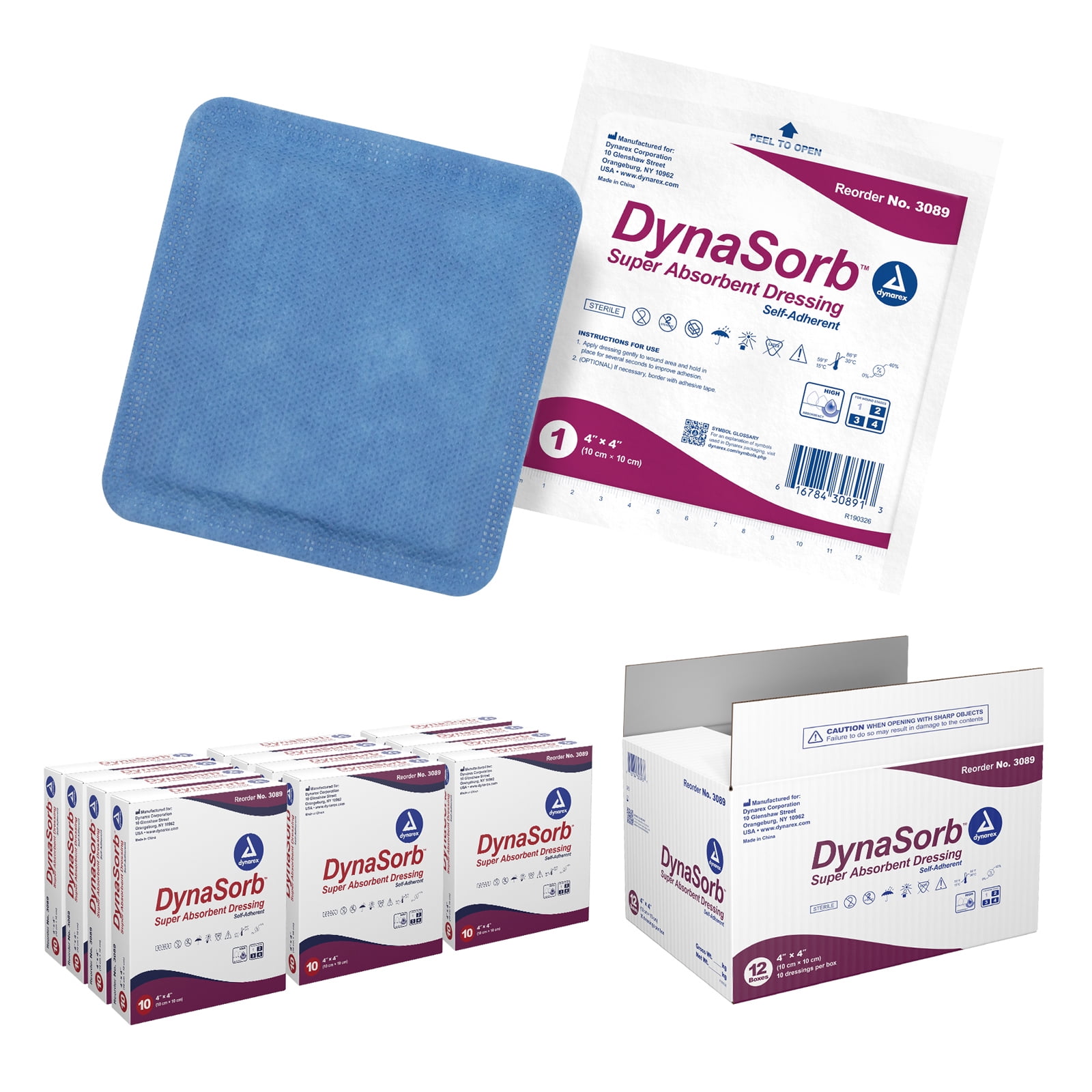 Dynarex DynaSorb Super Absorbent Dressings, Sterile Wound Care, Soft & Absorbent, Multi-Layered, One-Piece, Waterproof, Self-Adhering, 4” x 4”, 1 Case of 120 Super Absorbent Dressings