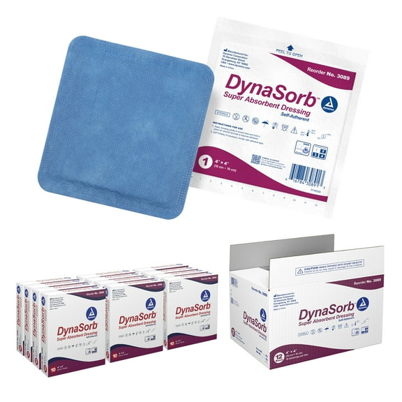 Dynarex DynaSorb Super Absorbent Dressings, Sterile Wound Care, Soft & Absorbent, Multi-Layered, One-Piece, Waterproof, Self-Adhering, 4 x 4, 1 Case of 120 Super Absorbent Dressings