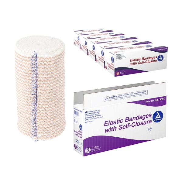 Dynarex Elastic Bandages with Self-Closure, Outstanding Compression and Stretch, Latex-Free Elastic Bandages with Velcro Closure, 4" x 5 yds., 1 Case of 50 (5 Boxes of 10)