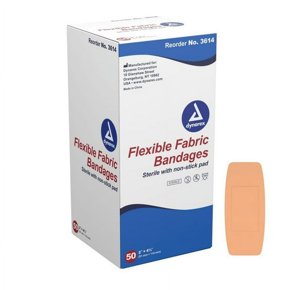 Dynarex Flexible Fabric Bandages, 2 Inches x 4.5 Inches, Fabric, 50 Count