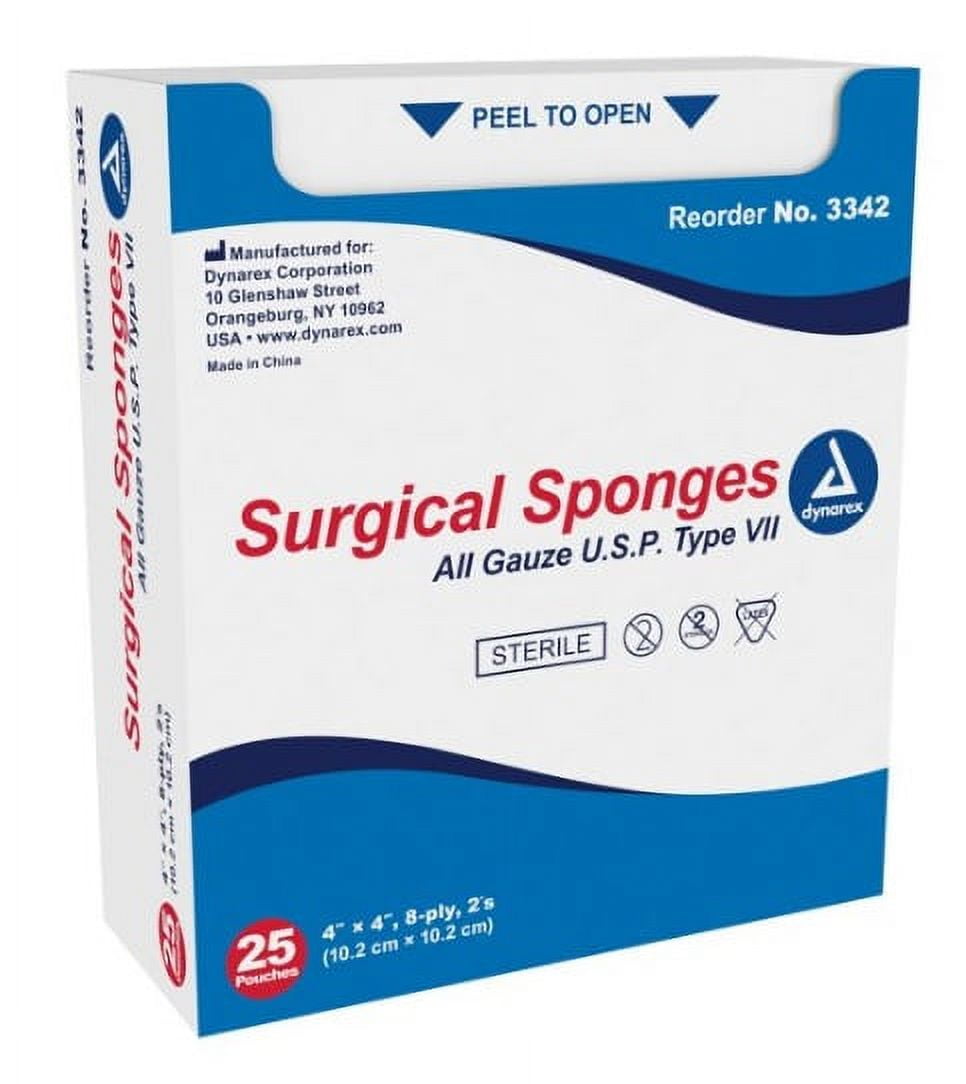 Dynarex Gauze Sponge Cotton 8-Ply 4 X Inch Square Sterile, 3342 - CASE OF 600