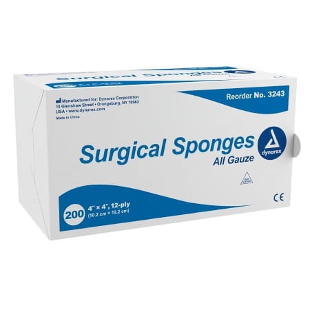 Dynarex Gauze Sponge Gauze 12-Ply 4 X 4 Inch Square NonSterile, 3243 - Pack of 200