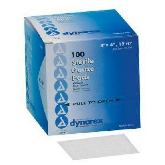 Dynarex Gauze Sponge Gauze 12-Ply 4 X 4 Inch Square Sterile, 3354 - Box of 100