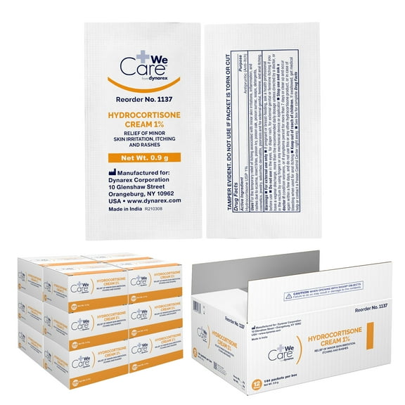 Dynarex Hydrocortisone Cream - Relieve Minor Skin Irritations and Itching, Ideal for Eczema and Insect Bites, Non-Greasy Formula - Size 0.9g Packets, 1 Case of 1,728 Packets