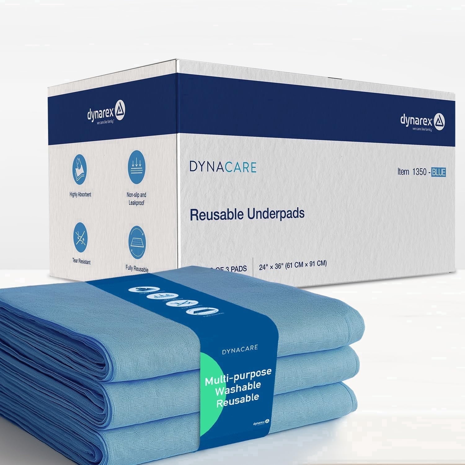 Dynarex DynaCare Incontinence Bed Pads, Reusable Washable Underpads, 24" x 36", Blue, 3 Count