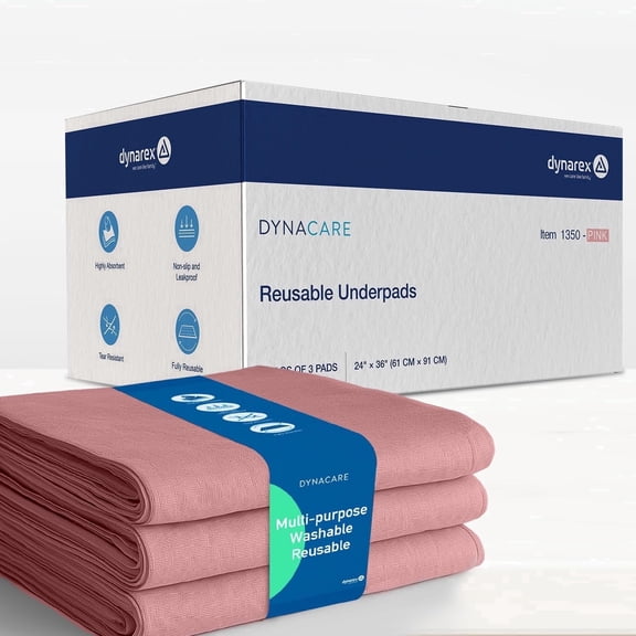 Dynarex DynaCare Incontinence Bed Pads, Reusable Washable Underpads, 24" x 36", Pink, 3 Count