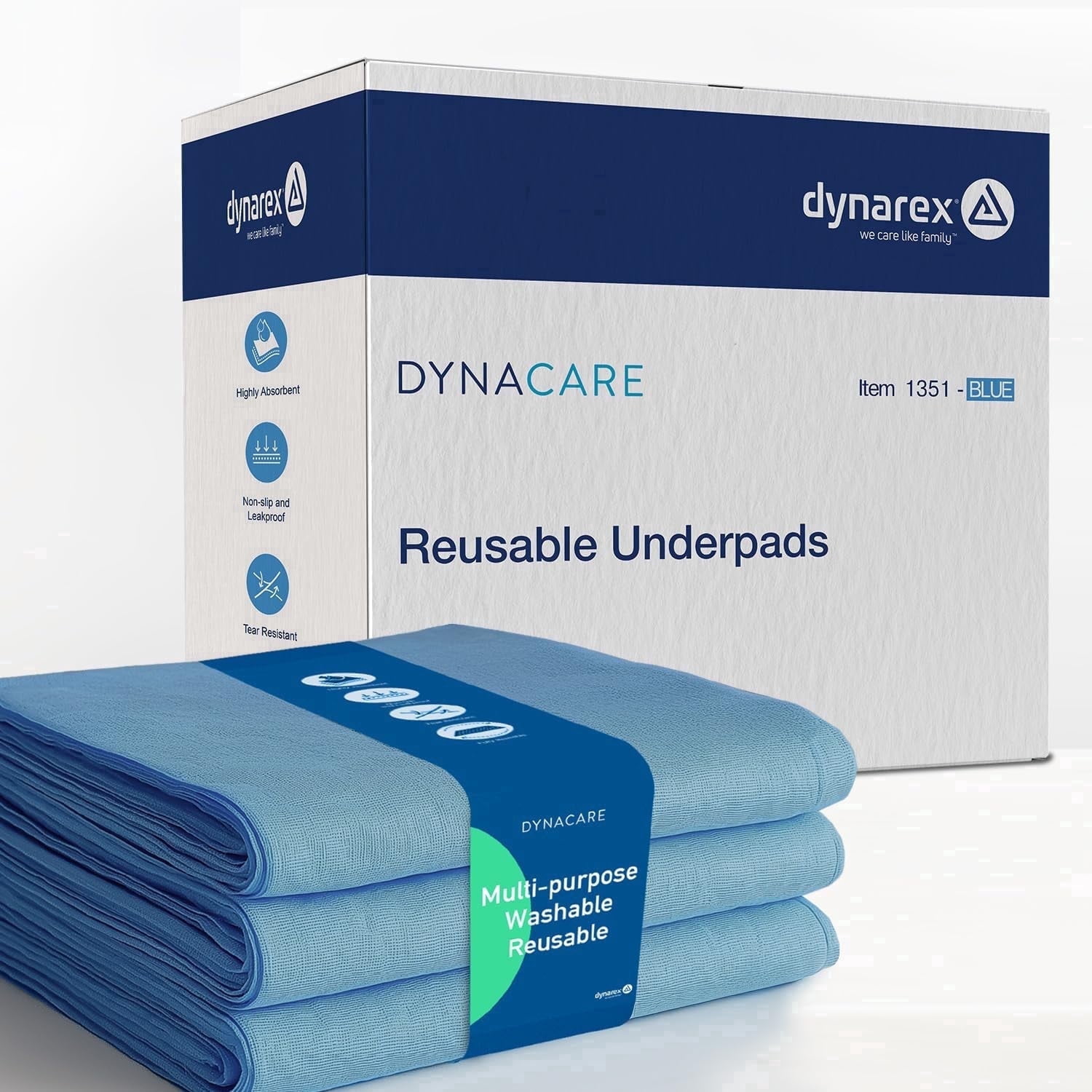 Dynarex DynaCare Incontinence Bed Pads, Reusable Washable Underpads, 30" x 36", Blue, 3 Count