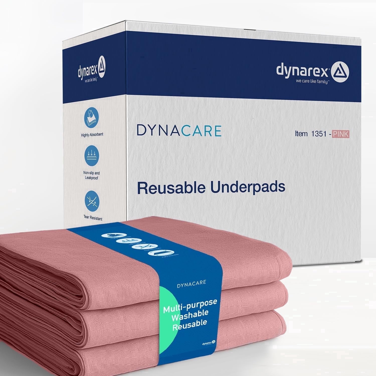 Dynarex DynaCare Incontinence Bed Pads, Reusable Washable Underpads, 30" x 36", Pink, 3 Count