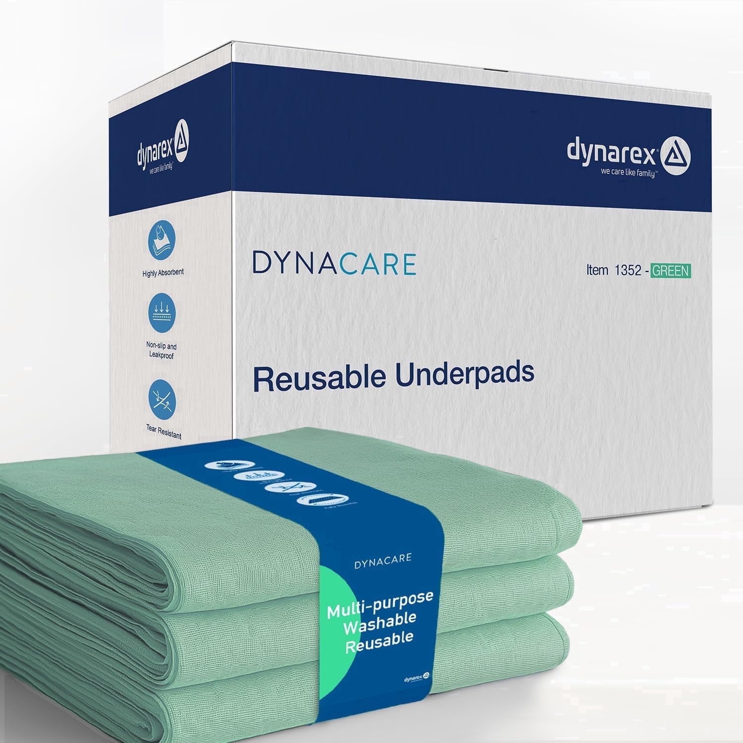 Dynarex DynaCare Incontinence Bed Pads, Reusable Washable Underpads, 34" x 36", Green, 3 Count