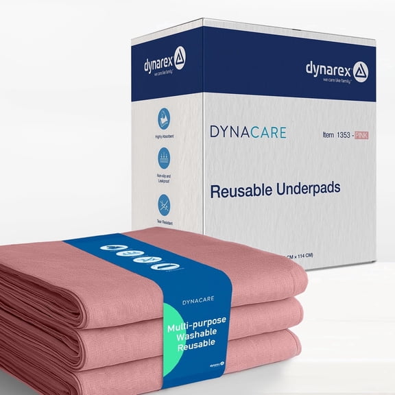 Dynarex DynaCare Incontinence Bed Pads, Reusable Washable Underpads, 34" x 45", Pink, 3 Count