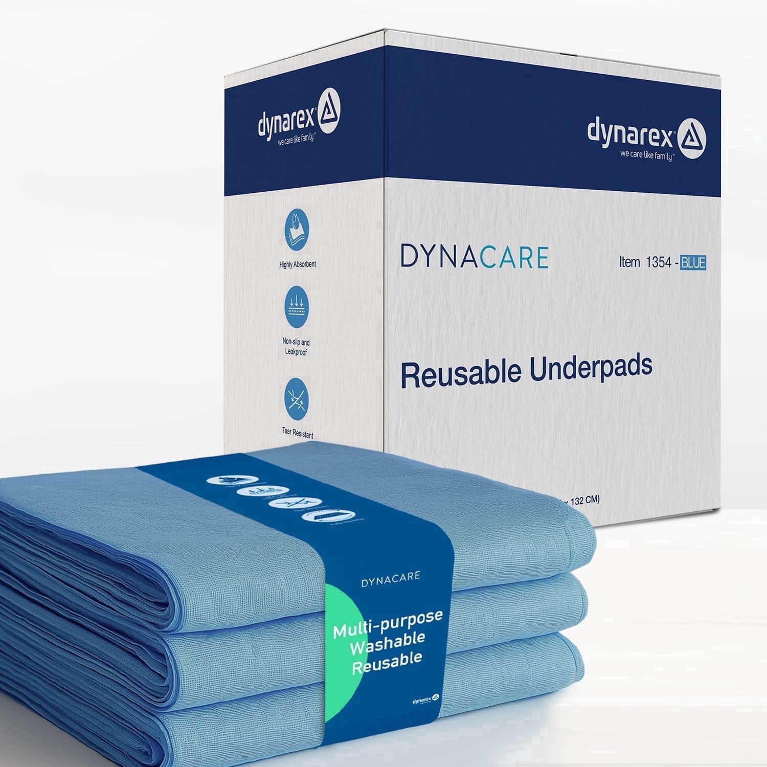 Dynarex DynaCare Incontinence Bed Pads, Reusable Washable Underpads, 34" x 52", Blue, 3 Count