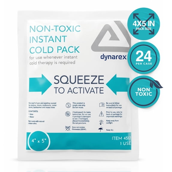 Dynarex Instant Cold Pack, Non-Toxic Disposable Ice Pack for Cold Compress, 4” x 5”, 24 Count