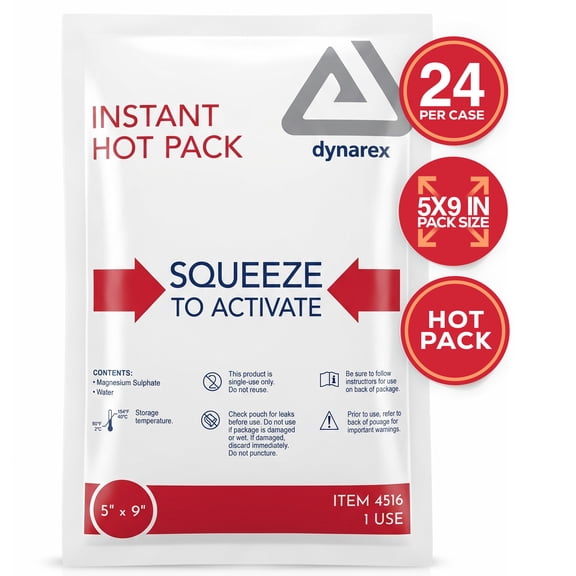 Dynarex Instant Hot Packs, Disposable Heat Pack for Warm Compress, 5” x 9”, 24 Count