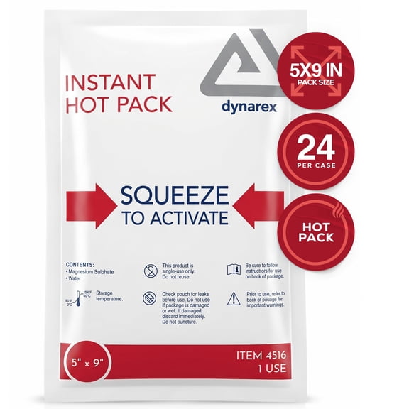 Dynarex Instant Hot Packs, Disposable Heat Pack for Warm Compress, 5” x 9”, 24 Count